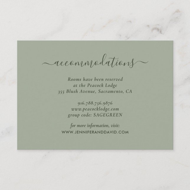 Elegant Sage Green Wedding Hotel Accommodation Enclosure Card (Front)