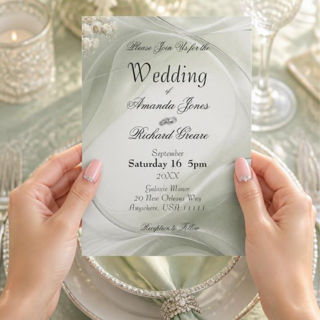 Elegant Sage Green Wedding Invitation (AI Generated Hands Holding Card)