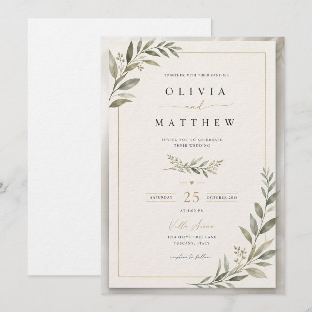 Elegant Sage Green Wedding Invitation | Minimalist (Front/Back)
