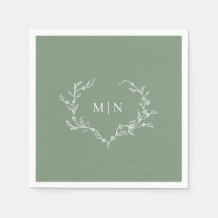 Elegant Sage Green Wedding Monogram Wreath Paper  Napkin