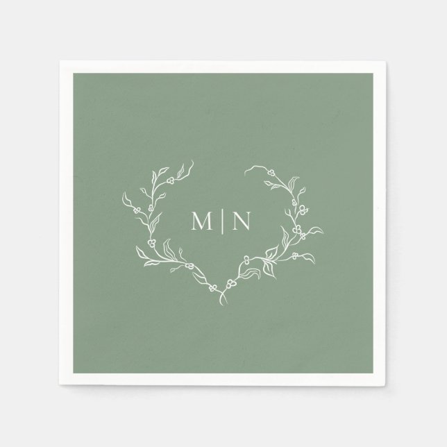 Elegant Sage Green Wedding Monogram Wreath Paper  Napkin (Front)
