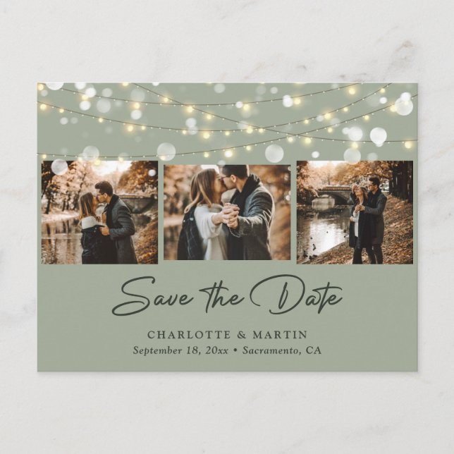 Elegant Sage Green Wedding Photo Save The Date Announcement Postcard (Front)