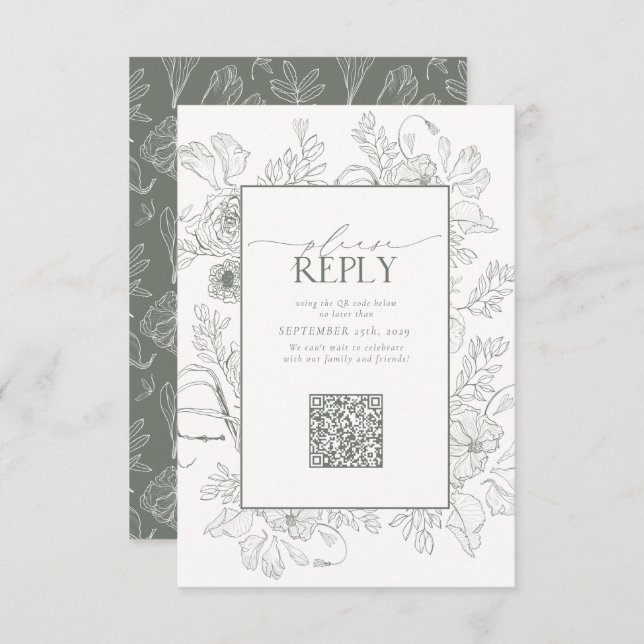 Elegant Sage Green Wedding QR Code Please Reply RSVP Card (Front/Back)