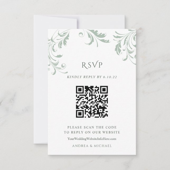 Elegant Sage Green Wedding QR Code Reply Online RSVP Card (Front)