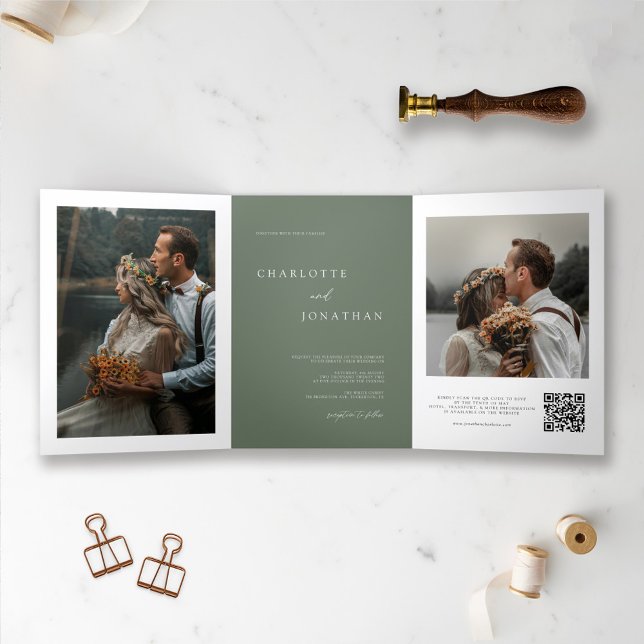 Elegant Sage Green Wedding RSVP Details Photo Tri-Fold Invitation (Creator Uploaded)