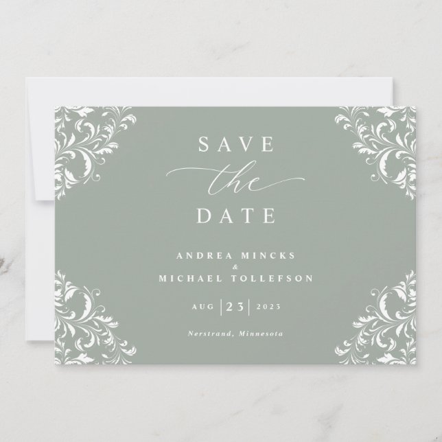 Elegant Sage Green Wedding Save the Date Cards (Front)