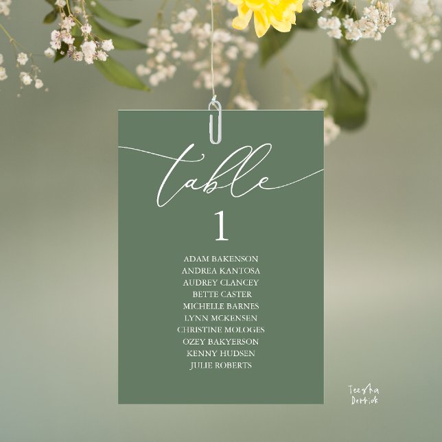 Elegant Sage Green Wedding Table Seating Chart Number (Elegant Wedding Dinner Table Hanging Seating Chart Card, with Table Number Guest Names Sage Green)