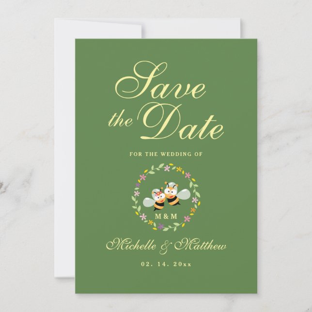 Elegant Sage Green Whimsical Meant To Bee Wedding Save The Date (Front)