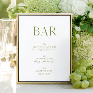 Elegant Sage Green & White 8.5x11 Wedding Bar Sign