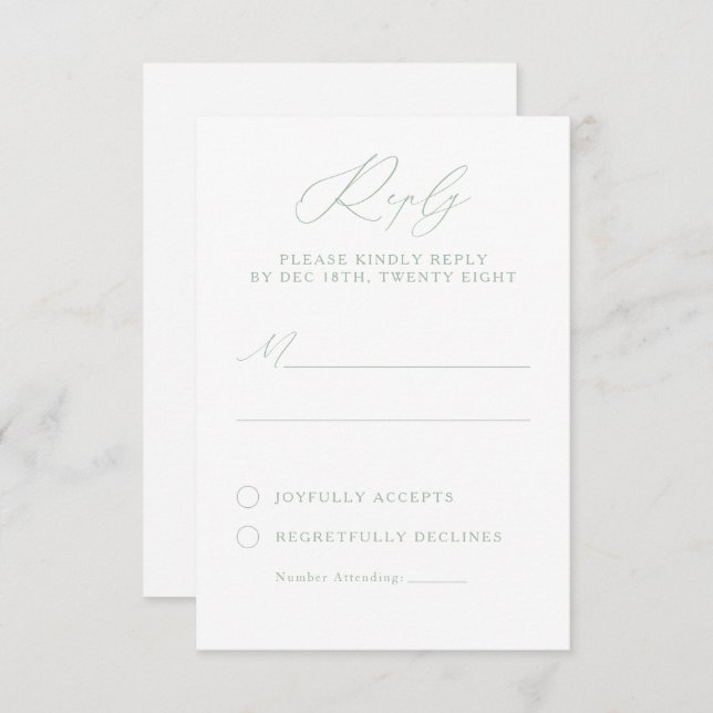 Elegant Sage Green & White Calligraphy RSVP Card (Front/Back)