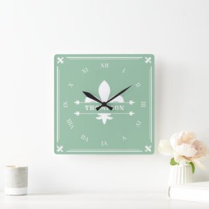 Elegant Sage Green White Fleur de Lis Custom Name  Square Wall Clock