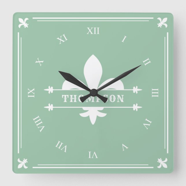 Elegant Sage Green White Fleur de Lis Custom Name  Square Wall Clock (Front)