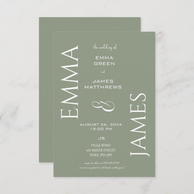 Elegant Sage Green, White Font Bold Script Wedding Invitation (Front/Back)