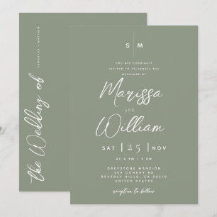 Elegant Sage Green & White Modern Script Wedding Invitation