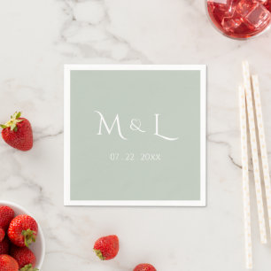 Elegant Sage Green White Monogram & Date Wedding Napkin