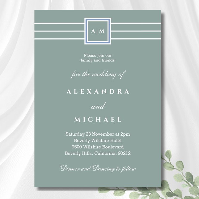 Elegant Sage Green White Monogram Modern Wedding Invitation (Creator Uploaded)