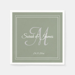 Elegant Sage Green & White Monogram Wedding Paper  Napkin