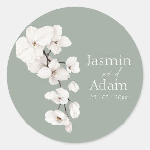 Elegant Sage Green White Orchid Wedding Classic Round Sticker