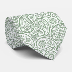 Elegant Sage Green & White Vintage Paisley Pattern Tie