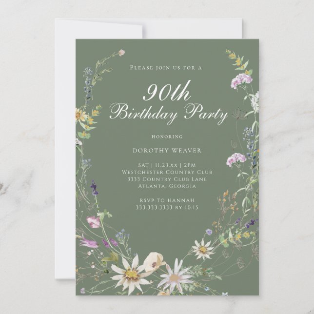 Elegant Sage Green Wildflower 90th Birthday Party Invitation (Front)
