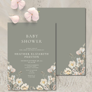 Elegant Sage Green Wildflower Baby Shower  Invitation