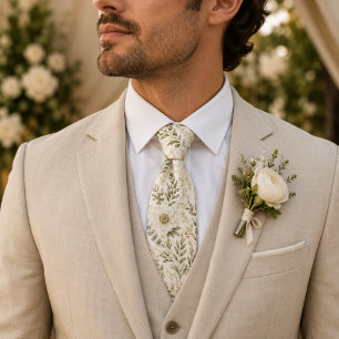 Elegant Sage Green Wildflower Botanical Wedding Tie