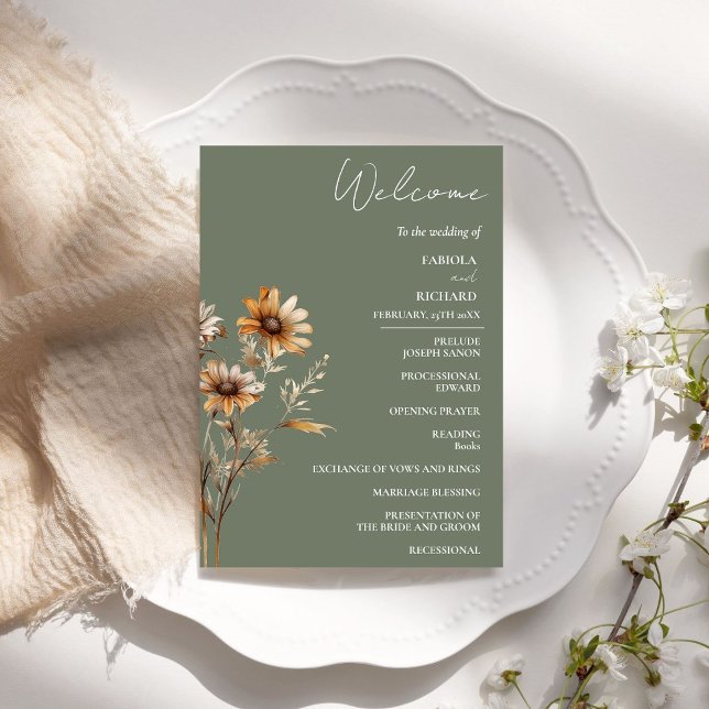 Elegant Sage Green Wildflower Wedding Program Card (Creator Uploaded)
