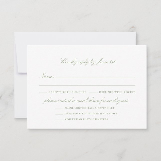 Elegant Sage Green With Meal Options Wedding RSVP Card (Front)