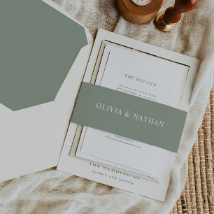 Elegant Sage Green with White Text    Wedding Invitation Belly Band