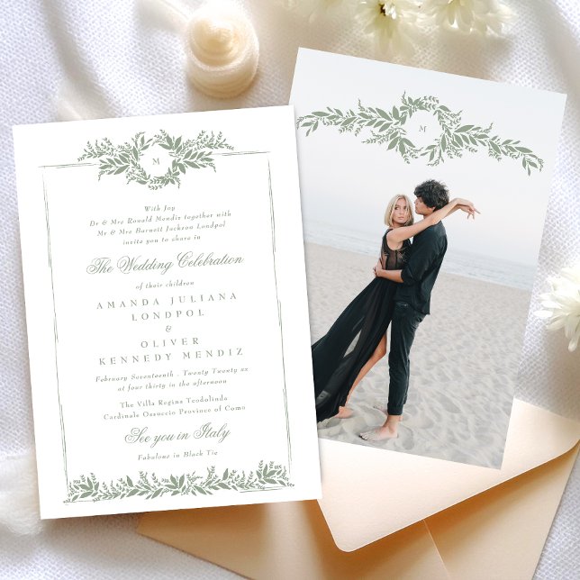 elegant sage green wreath etch frame photo wedding invitation (Creator Uploaded)