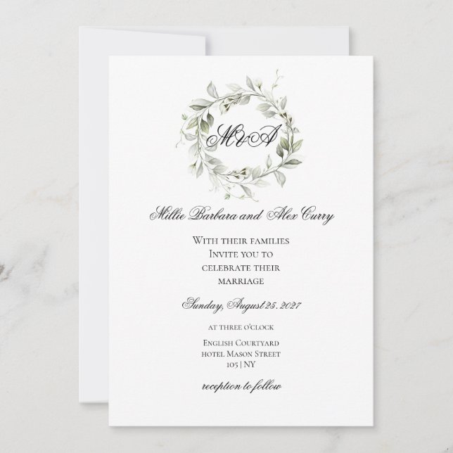 Elegant Sage Green Wreath Monogram Wedding Invitation (Front)
