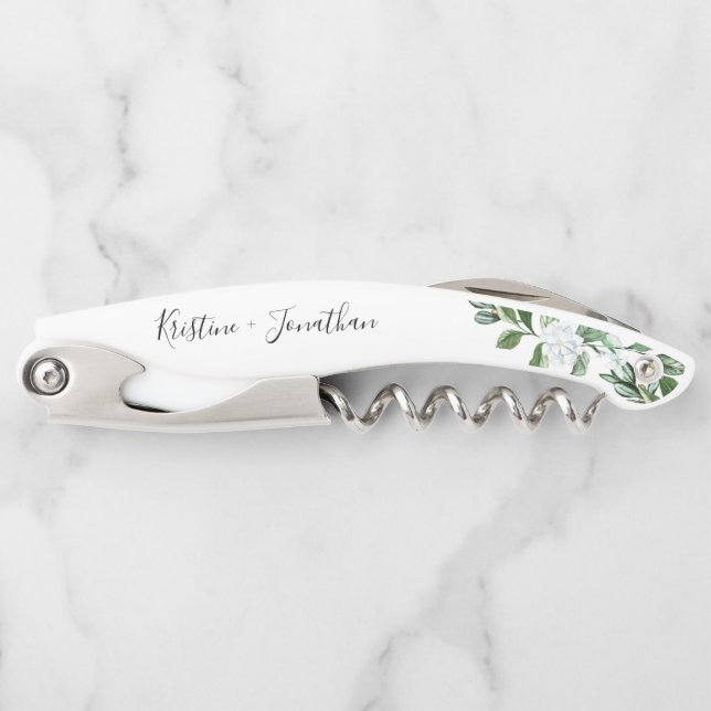 Elegant Sage Greenery Floral Script Wedding Corkscrew (Front)