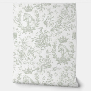 Elegant Sage Horse Crown Floral Toile Wallpaper