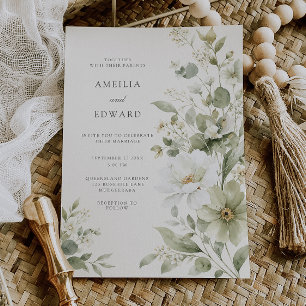Elegant Sage & Ivory Watercolor Floral Wedding Invitation