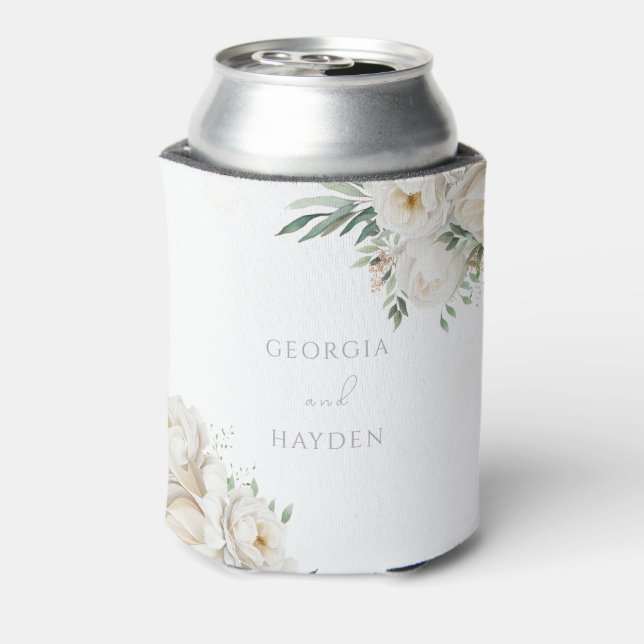 Elegant Sage Leaf & White Floral Wedding Can Cooler (Can Back)