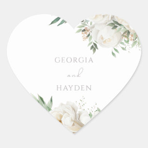 Elegant Sage Leaf & White Floral Wedding Heart Sticker