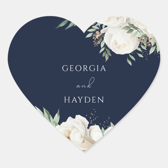 Elegant Sage Leaf & White Floral Wedding Navy Heart Sticker (Front)
