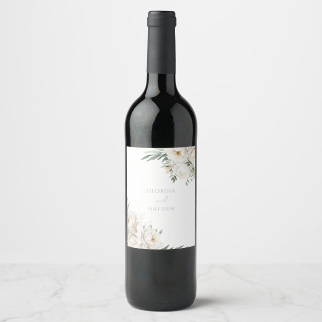 Elegant Sage Leaf & White Floral Wedding Wine Label (Front)
