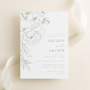 Elegant Sage Line Art Floral Wedding Invitation