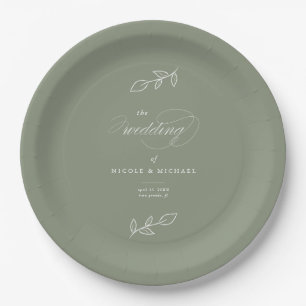 Elegant Sage Minimalist Leaves Wedding Paper Plate