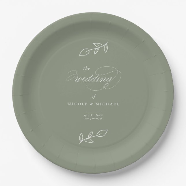 Elegant Sage Minimalist Leaves Wedding Paper Plate (Front)