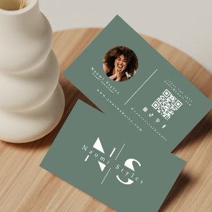 Elegant Sage Minimalist QR Code Professional Photo Business Card