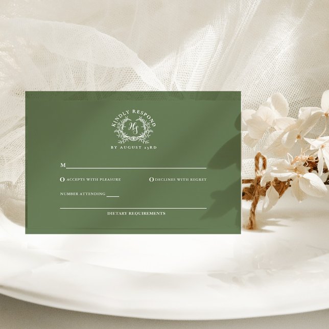 Elegant Sage Monogram Crest Wedding RSVP Card (Creator Uploaded)