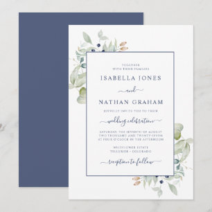Elegant Sage Navy Watercolor Botanical Wedding Inv Invitation