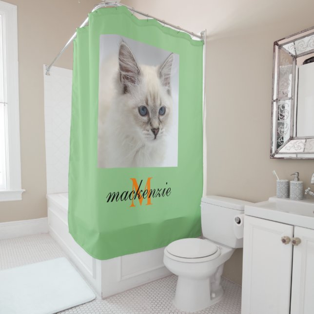 Elegant Sage Orange Monogram Script Custom Photo Shower Curtain (In Situ)