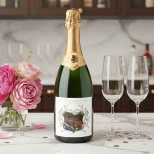 Elegant Sage Pastel Wildflower Crest Photo Wedding Sparkling Wine Label