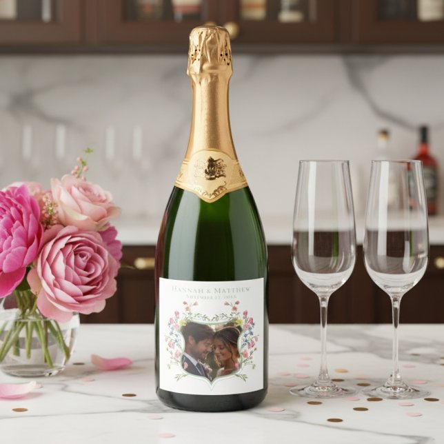 Elegant Sage Pastel Wildflower Crest Photo Wedding Sparkling Wine Label (Creator Uploaded)