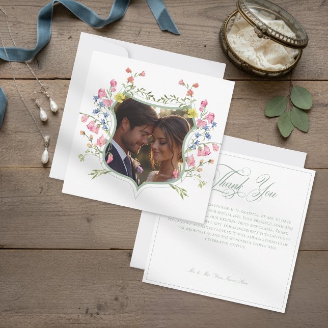 Elegant Sage Pastel Wildflower Crest Photo Wedding Thank You Card (Creator Uploaded)