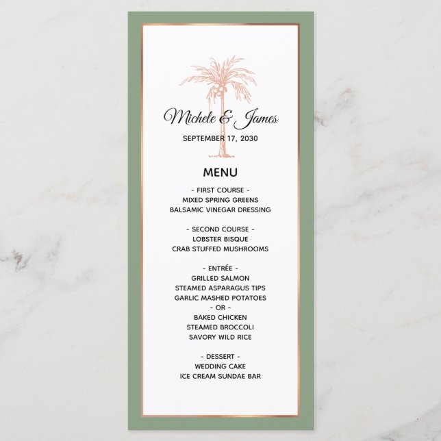 Elegant Sage Rose Gold Copper Palm Tree Wedding Menu (Front)