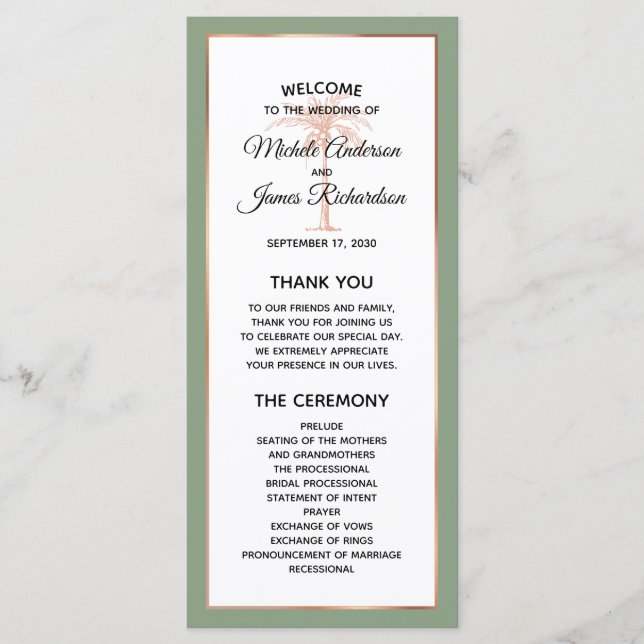 Elegant Sage Rose Gold Copper Palm Tree Wedding Programme (Front)